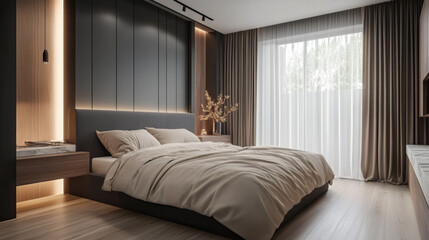 A bedroom with an elegant and minimalist design, featuring dark gray walls, light wood flooring and a large bed adorned in beige linen fabric