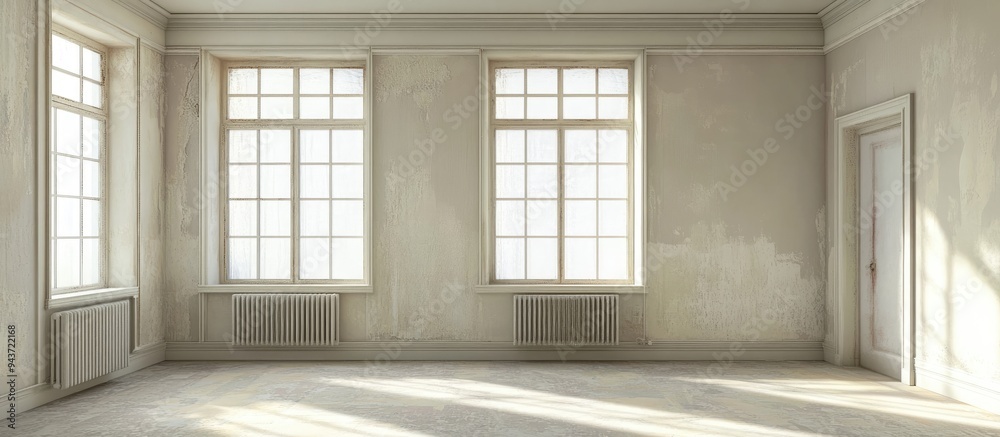 Aufkleber Vacant room with windows and a radiator in natural light. with copy space image. Place for adding text or design
