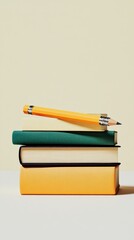 Fototapeta premium Stacked books with a pencil on top create a minimalist back to school atmosphere suitable for study or learning