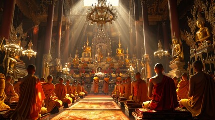 a traditional Buddhist ceremony, with monks wearing luxurious robes