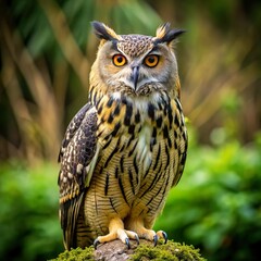 Obraz premium portrait of an eagle owl standing straight looking at the camera with a blurry nature background