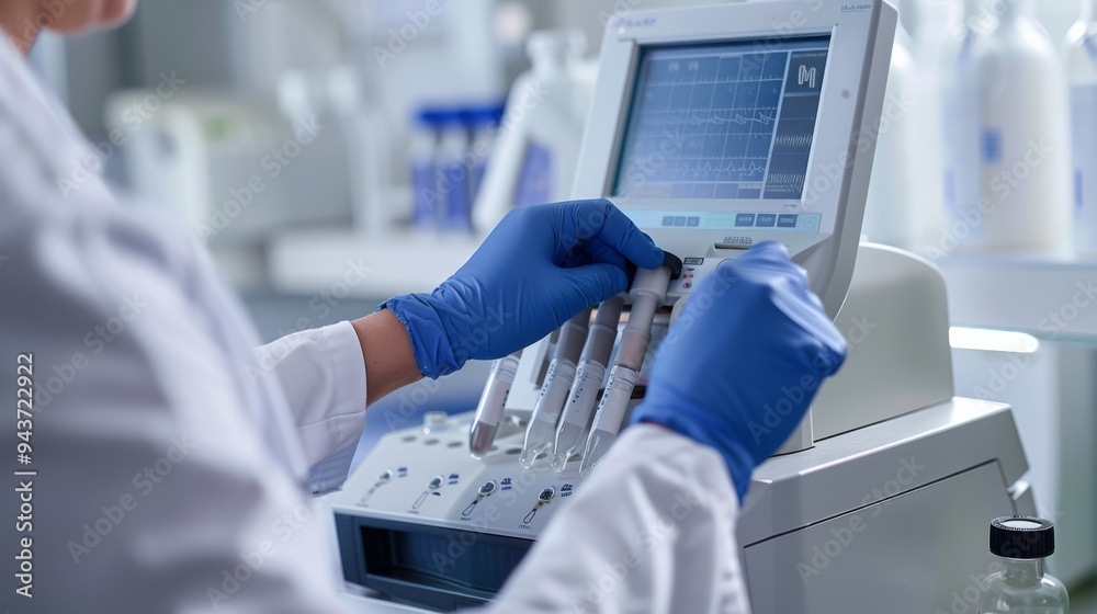 Poster Close-up view of a researcher's hands controlling a PCR machine, focusing on the machine's display and control systems.