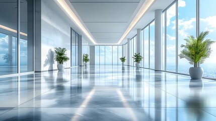 3D-rendered office space featuring a bright business hall with reflective floors and modern architecture, suitable for an airport background.