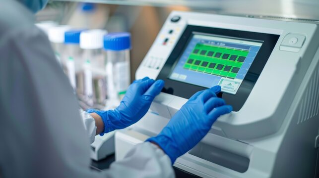 Close-up view of a researcher's hands controlling a PCR machine, focusing on the machine's display and control systems.
