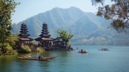 Obraz premium Photograph of a Balinese temple in Bali, Indonesia, with a lake and mountain backdrop
