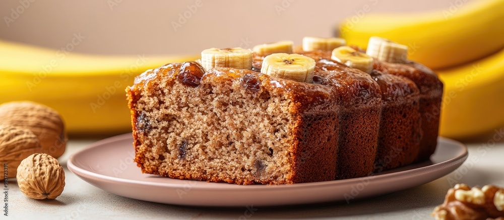 Aufkleber sliced date walnut and banana cake on a plate. with copy space image. place for adding text or desig
