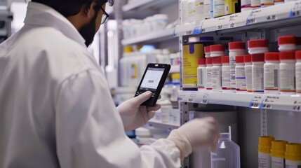 A pharmacist is inspecting and counting medication stock, using a digital device to record quantities in a well-maintained pharmacy.
