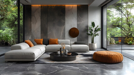 Minimalist living room with a soft sofa and elegant decor, flooded with natural light, high resolution for interior showcases.