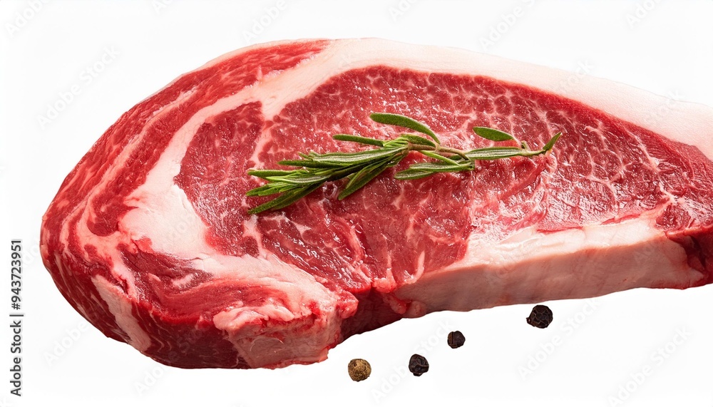 Wall mural fresh marbled beef rib eye steak and spices on transparent background