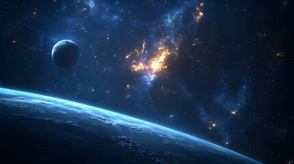 A planet's horizon with a glowing nebula in the distance.