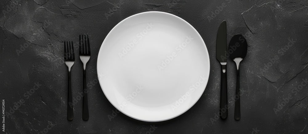 Poster White plate set against a black background. with copy space image. Place for adding text or design