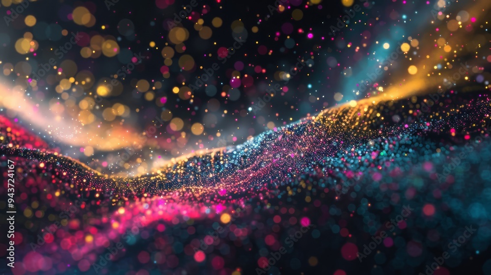 Poster abstract multicolored particles swirling in a black backdrop ad