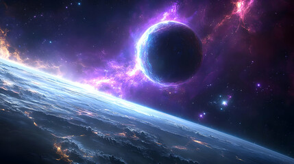 Obraz premium A planet's surface is illuminated by the glow of a nearby nebula, seen as a swirling mass of purple and orange.