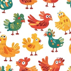 A colorful pattern featuring various cartoon-style birds in playful poses.