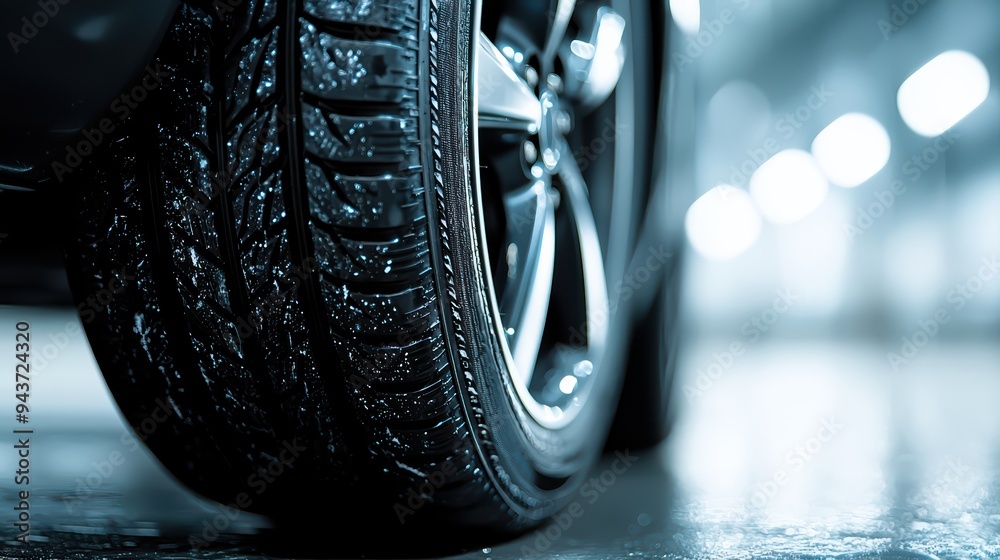 Wall mural close up of car tire showcasing its tread and shiny rim, evoking sense of speed and performance.