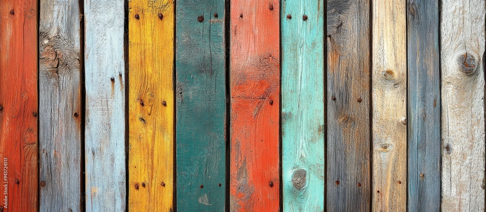 Poster fragmented old multicolored wooden fence wooden texture wooden fence texture background. with copy s