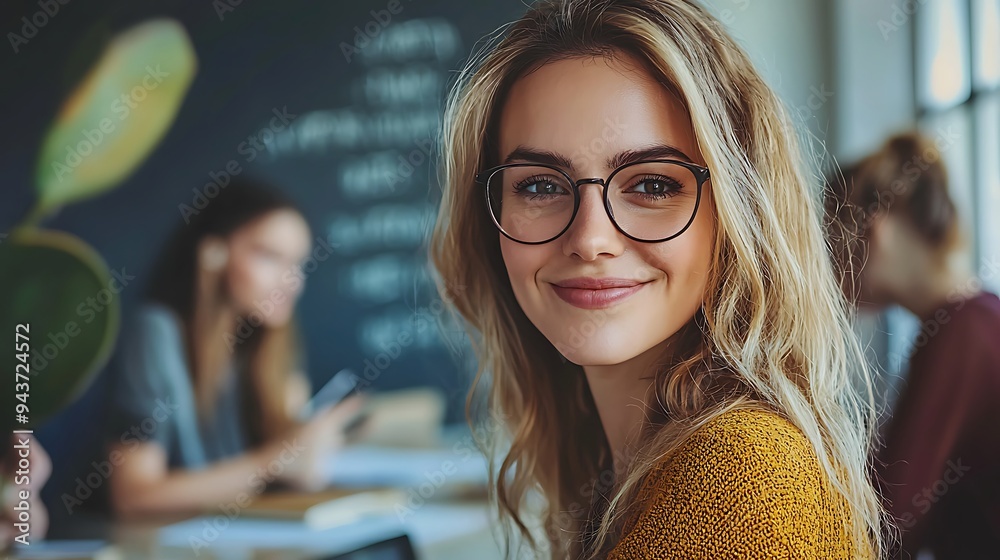 Poster a smiling young woman with glasses enjoys her time in a cafe, radiating warmth and approachability.