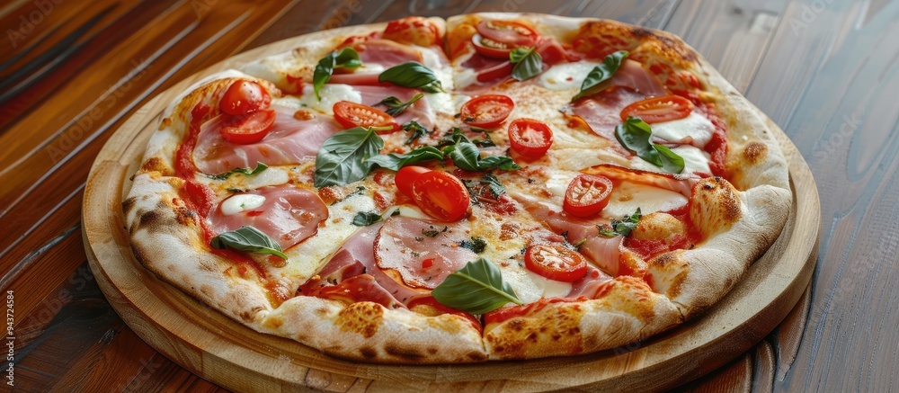 Poster Pizza topped with ham tomatoes mozzarella cheese and basil Tasty Italian pizza on a wooden pizza board in enchanting light. with copy space image. Place for adding text or design