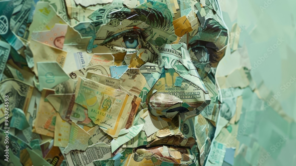 Aufkleber Abstract portrait made from pieces of various banknotes, showcasing the integration of financial elements into facial structures, with a clean background