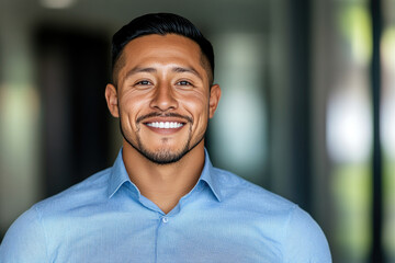 Confident professional smiling, dressed in a light blue shirt, modern office background, exuding warmth and approachability, conveying positive energy and optimism.