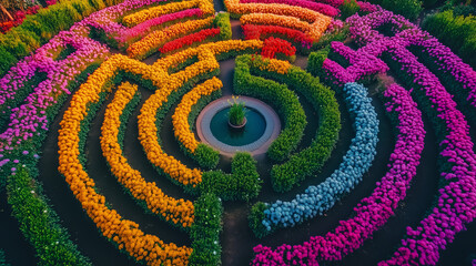 A stunning aerial image of a circular maze made entirely out of vibrant flowers in various colors, including orange, pink, blue, and yellow. The maze's intricate design 