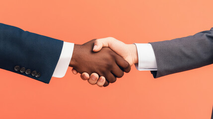 Handshake representing partnership and collaboration, contrasting skin tones highlighting diversity, vibrant orange background enhancing unity and professionalism.