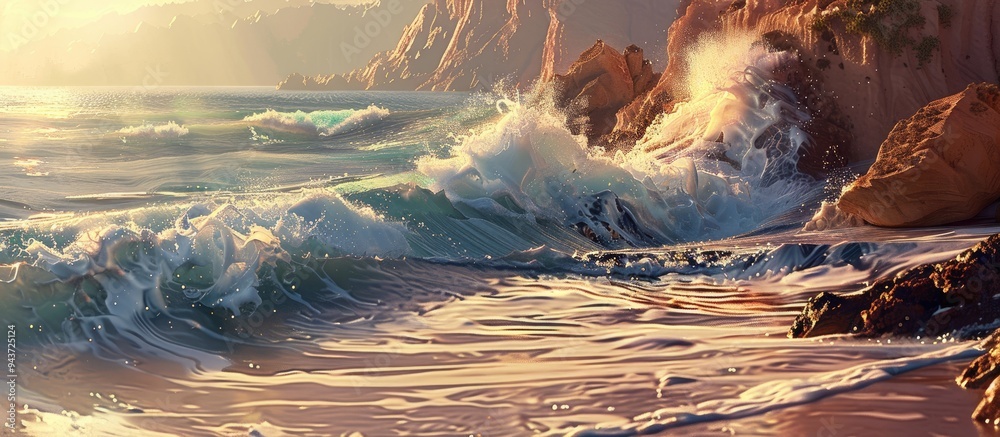 Aufkleber landscape of turbulent sea waves crashing against cliffs and sandy shore in the glow of the evening 