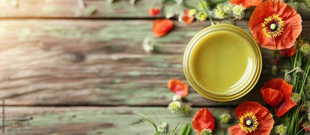 Poster Natural organic salve balm cream infused with poppies and wheatgrass. with copy space image. Place for adding text or design