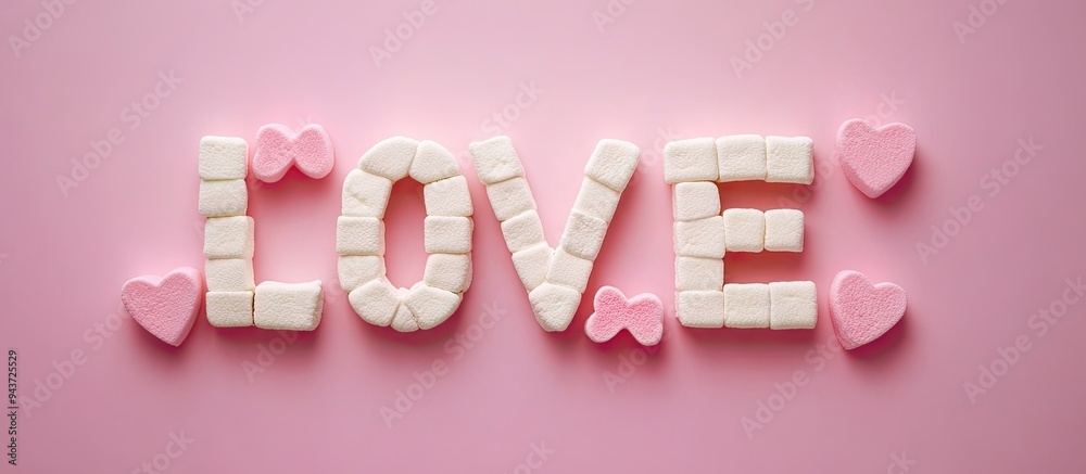 Aufkleber top view of the word love made from wooden letters and heart shaped marshmallows on a pink backgroun