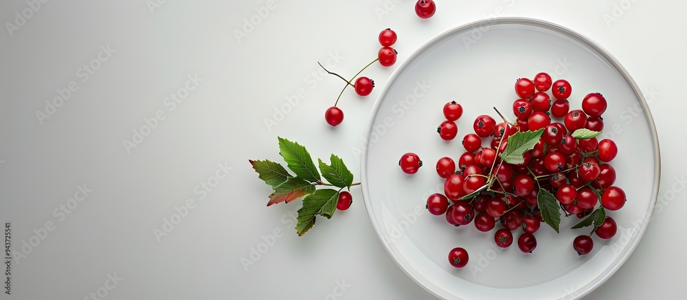 Fototapete plate featuring fresh viburnum berries on a white background. with copy space image. place for addin