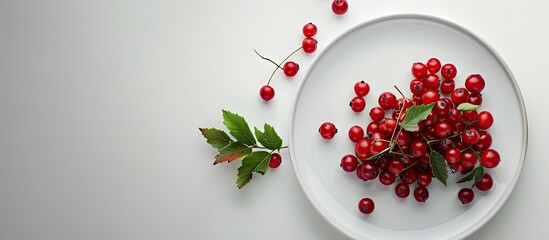 Plate featuring fresh viburnum berries on a white background. with copy space image. Place for adding text or design