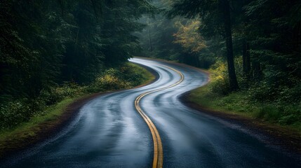 Naklejka premium Winding Forest Road Symbolizing the Unknown with Copy Space A serene and mysterious landscape with a road cutting through a dense lush forest