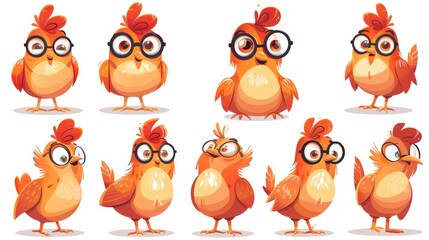 Obraz premium A collection of cartoonish orange birds with glasses, showcasing various expressions and poses.