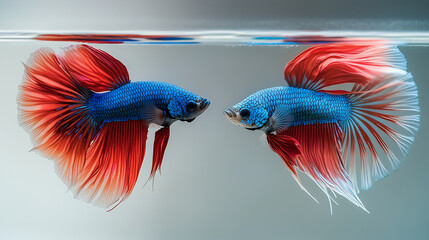 Close-up view of two blue betta fish with vibrant red fins, facing each other in clear water. Their colorful scales and flowing fins create a striking underwater display.