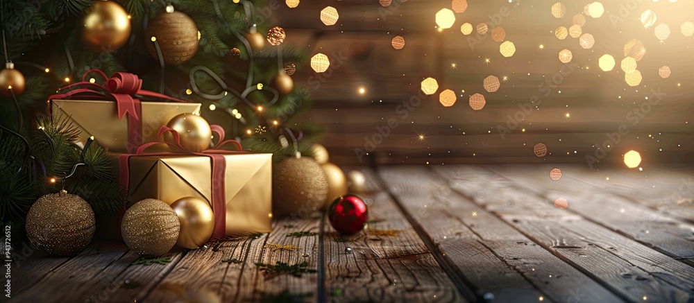 Poster christmas backdrop featuring gift boxes golden balls and decorations on a wooden surface new year te