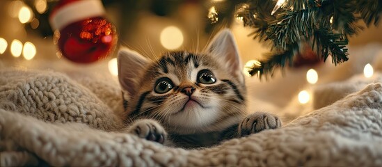 cute little kitten in a Christmas setting up close. with copy space image. Place for adding text or design
