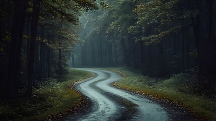 A winding road leading through a dense lush forest symbolizing the mysteries and unknown possibilities that lie ahead  The serene