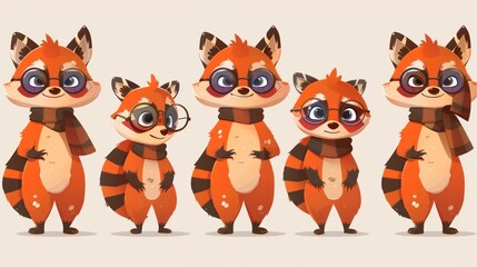 Fototapeta premium A series of cute raccoon characters showcasing different expressions and accessories.