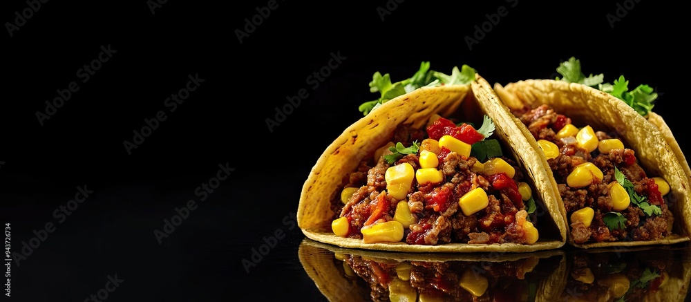 Aufkleber traditional mexican tacos filled with minced meat corn chili pepper and salsa sauce. with copy space