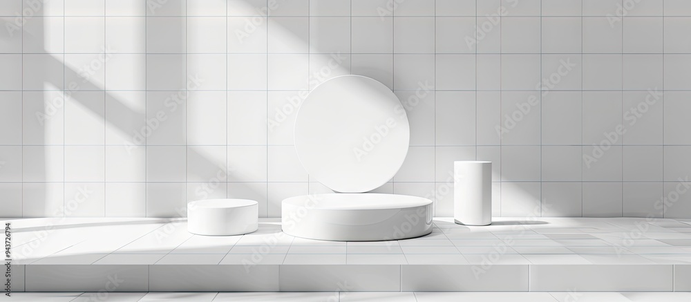 Poster white abstract stage mockup featuring a curved niche with two cylindrical podiums mosaic tile in a r
