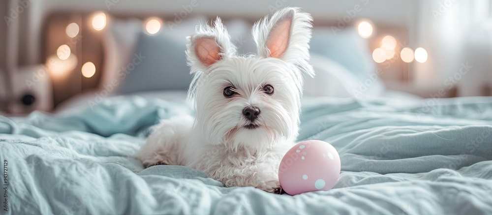 Leinwandbilder cute maltese puppy wearing easter rabbit ears lies on a bed with a painted egg under a warm white bl