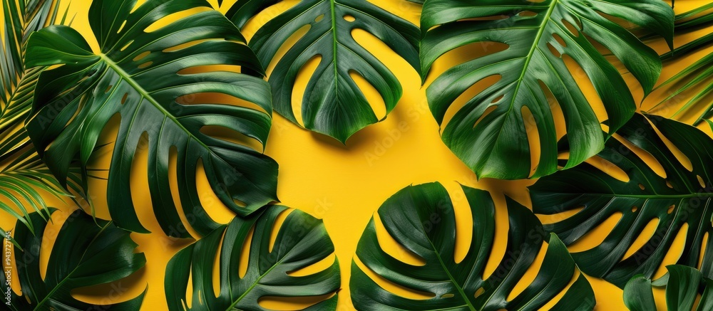 Poster green Monstera palm leaves on a yellow background Flat lay top view. with copy space image. Place for adding text or design