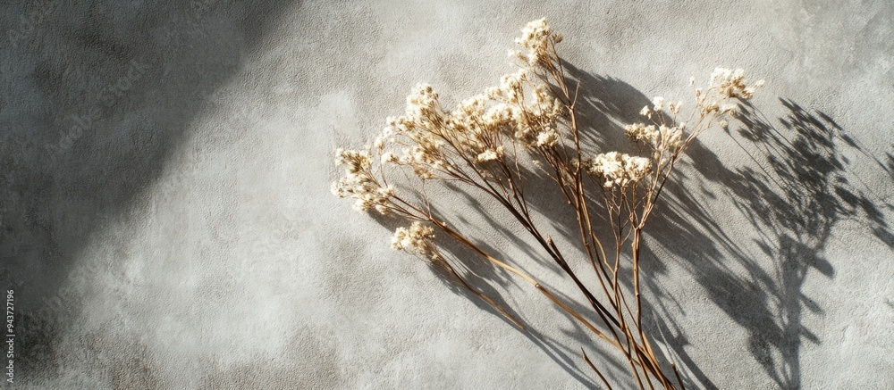 Poster dried field flowers casting shadows isolated on a grey textured surface background flat lay top view