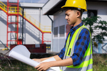 Asian young male construction worker reading a sketch of a project plan at a construction site in full safety uniform, construction work concept.