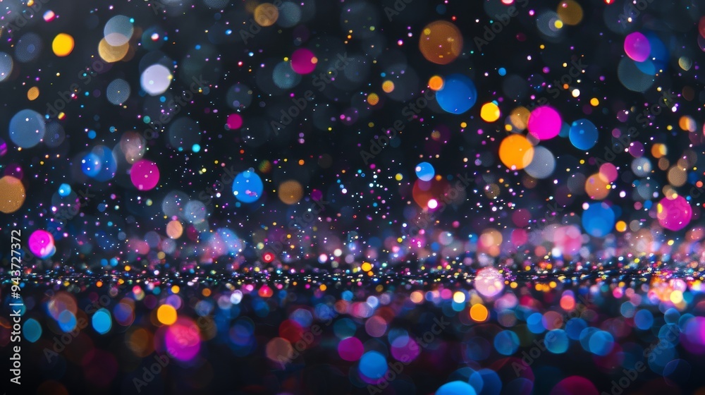 Poster Bright multicolored particles floating in dark space