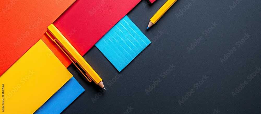 Poster Vibrant stationery on a black background. with copy space image. Place for adding text or design