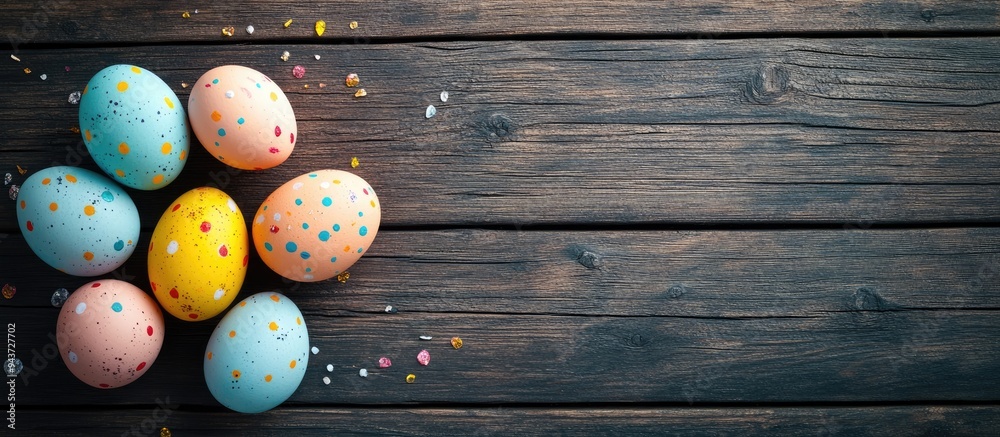Poster Easter greeting card featuring colorful Easter eggs on a wooden background Top view flat lay with room for your greetings. with copy space image. Place for adding text or design