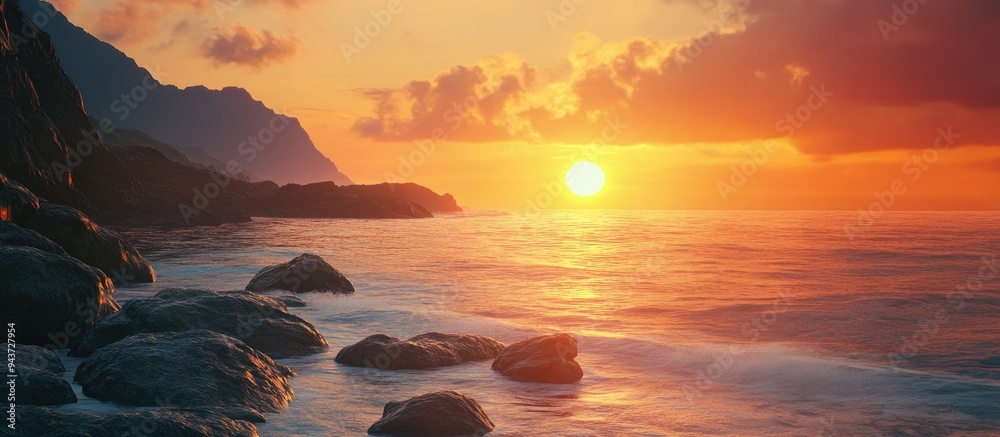 Aufkleber sunset on rocks by the ocean. with copy space image. Place for adding text or design
