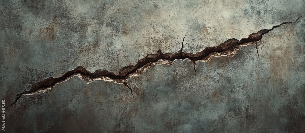 Poster large crack on the gray wall abstract representation of the vertical fissure close up selective focu