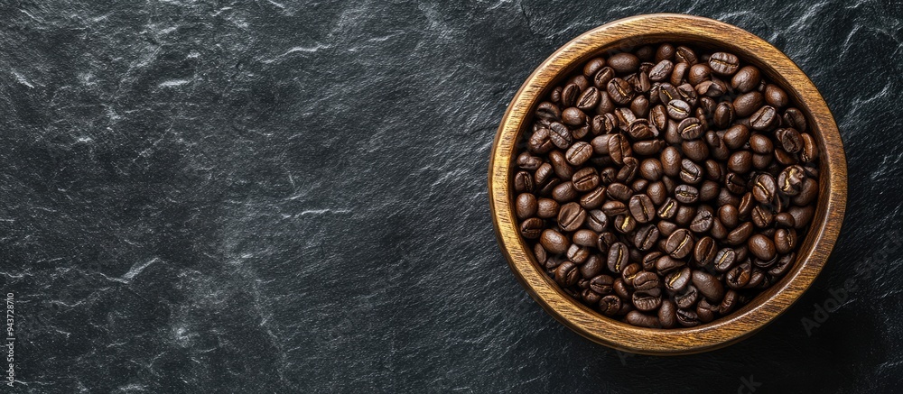 Aufkleber Close up of a wooden bowl filled with roasted coffee beans on a dark slate background Horizontal layout with copy space for text Top view